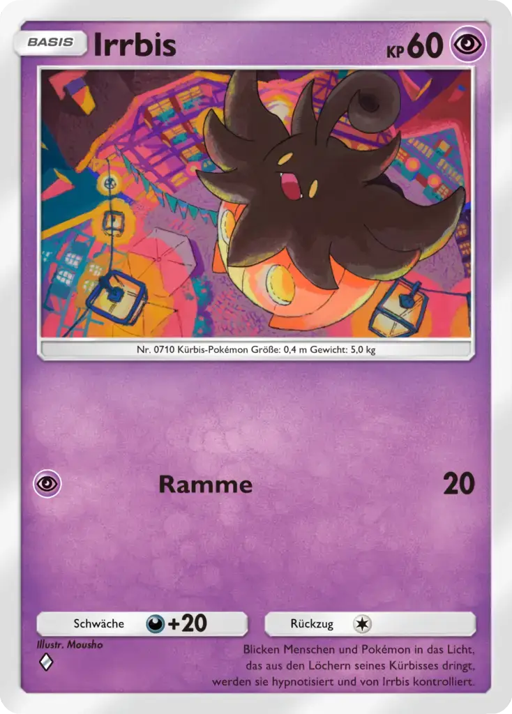 Irrbis Basis-Karte vom Typ Psycho mit bunter Festival-Illustration, 60 KP, Attacke Ramme