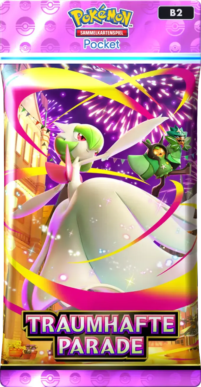 Pokémon TCG Pocket Traumhafte Parade Boosterpack mit Mega-Guardevoir vor Feuerwerk