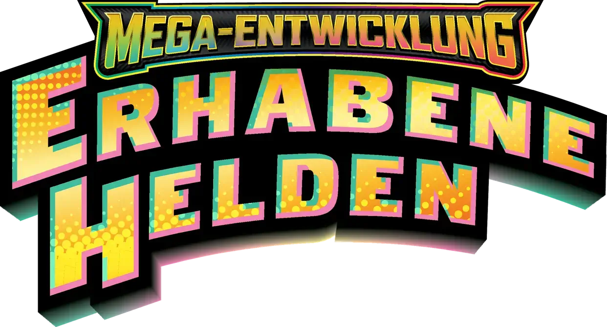 Logo der Pokémon-Erweiterung Mega-Entwicklung Erhabene Helden in bunten Farbverläufen