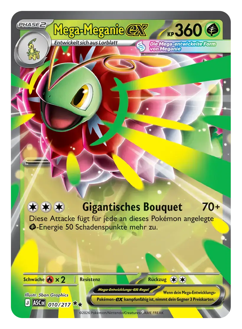 Pokémon-Sammelkarte: Mega-Meganie-ex mit 360 KP, Pflanzen-Typ, Attacke Gigantisches Bouquet