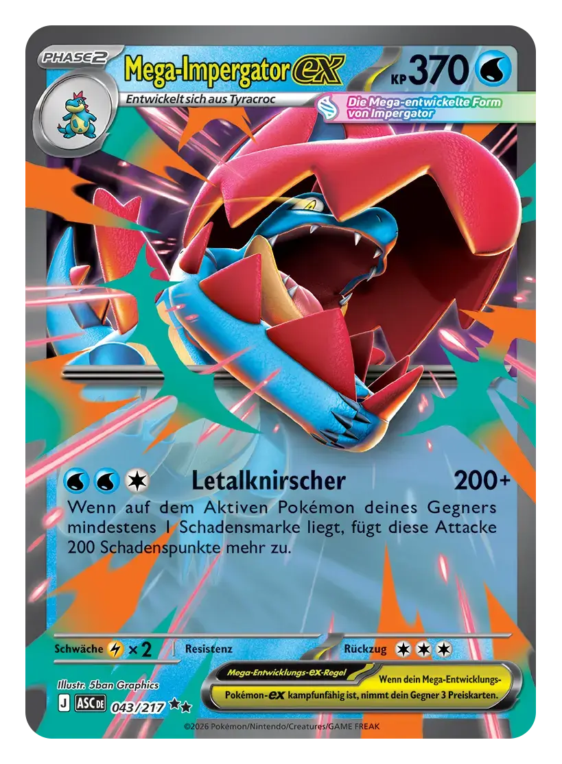 Pokémon-Sammelkarte: Mega-Impergator-ex mit 370 KP, Wasser-Typ, Attacke Letalknirscher