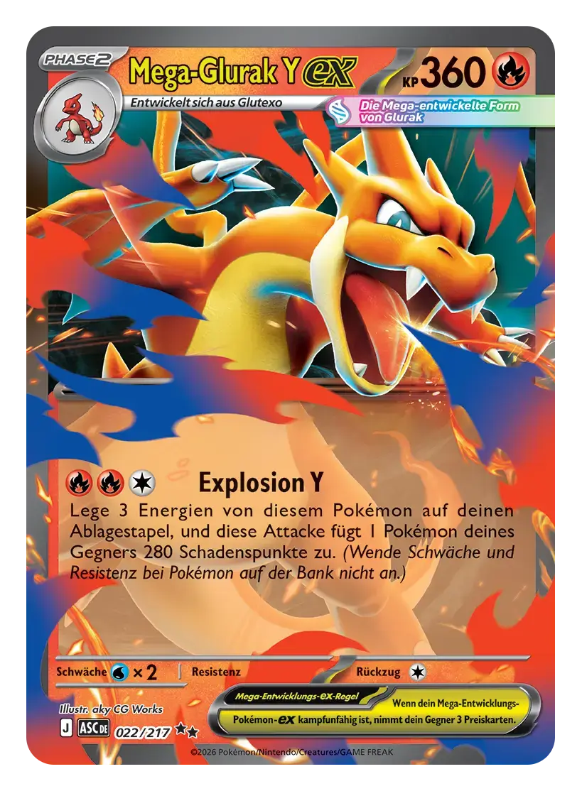 Pokémon-Sammelkarte: Mega-Glurak Y-ex mit 360 KP, Feuer-Typ, Attacke Explosion Y