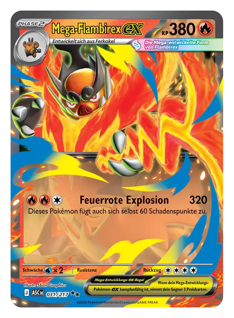 Pokémon-Sammelkarte: Mega-Flambirex-ex mit 380 KP, Feuer-Typ, Attacke Feuerrote Explosion