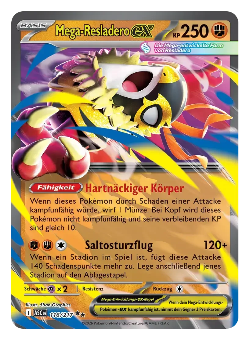 Pokémon-Sammelkarte: Mega-Resladero-ex mit 250 KP, Kampf-Typ, Fähigkeit Hartnäckiger Körper