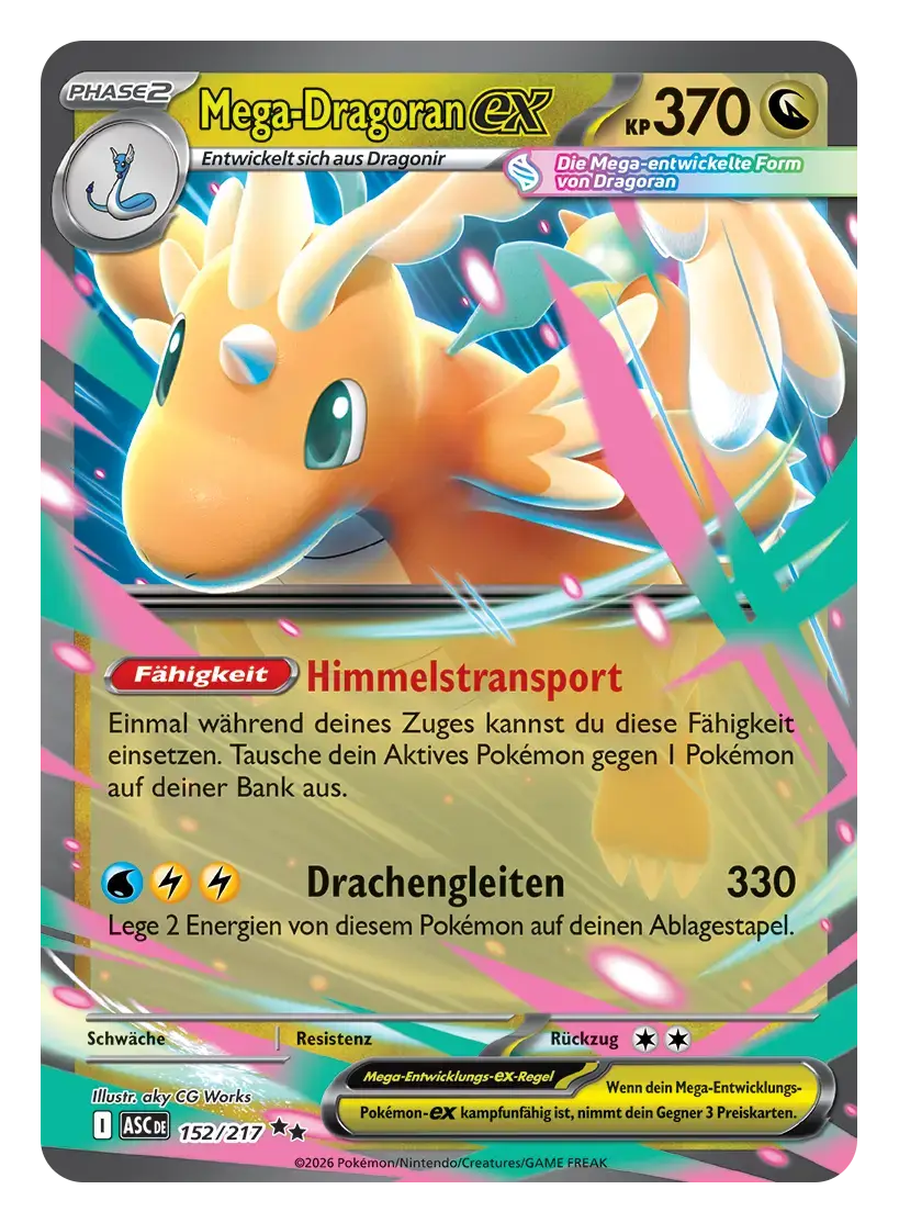 Pokémon-Sammelkarte: Mega-Dragoran-ex mit 370 KP, Farblos-Typ, Fähigkeit Himmelstransport