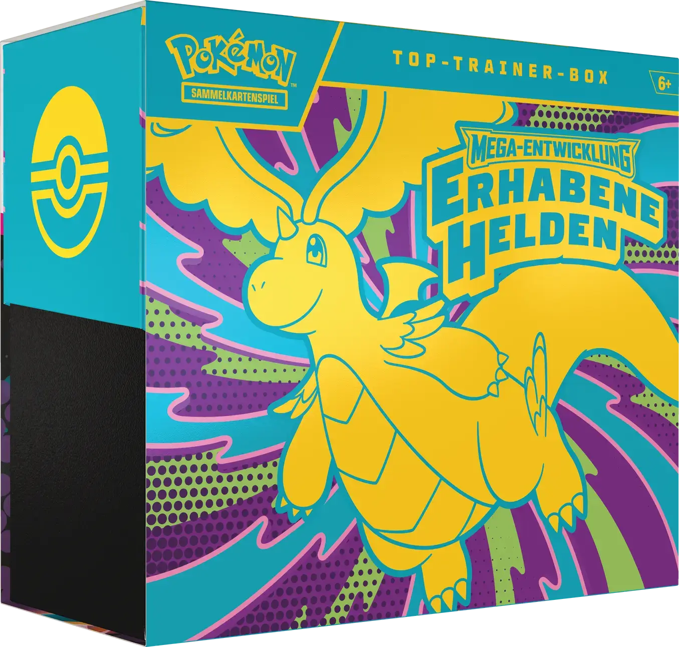 Pokémon TCG Top-Trainer-Box Mega-Entwicklung Erhabene Helden mit Dragoran-Design in Türkis-Gelb