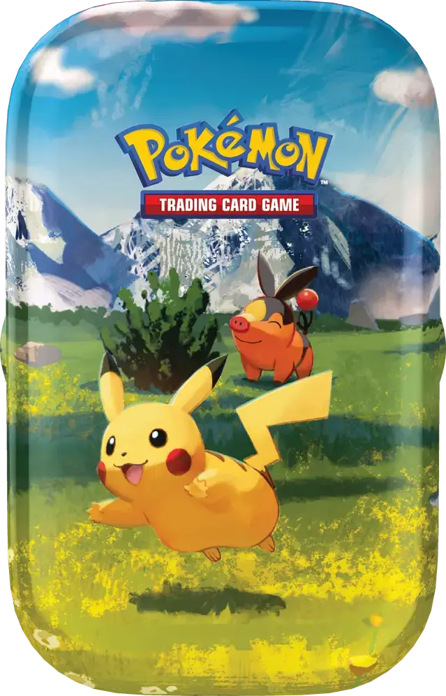 Pokémon TCG Sammel-Tin mit Pikachu und Knospi in Berglandschaft auf blauem Himmel-Hintergrund