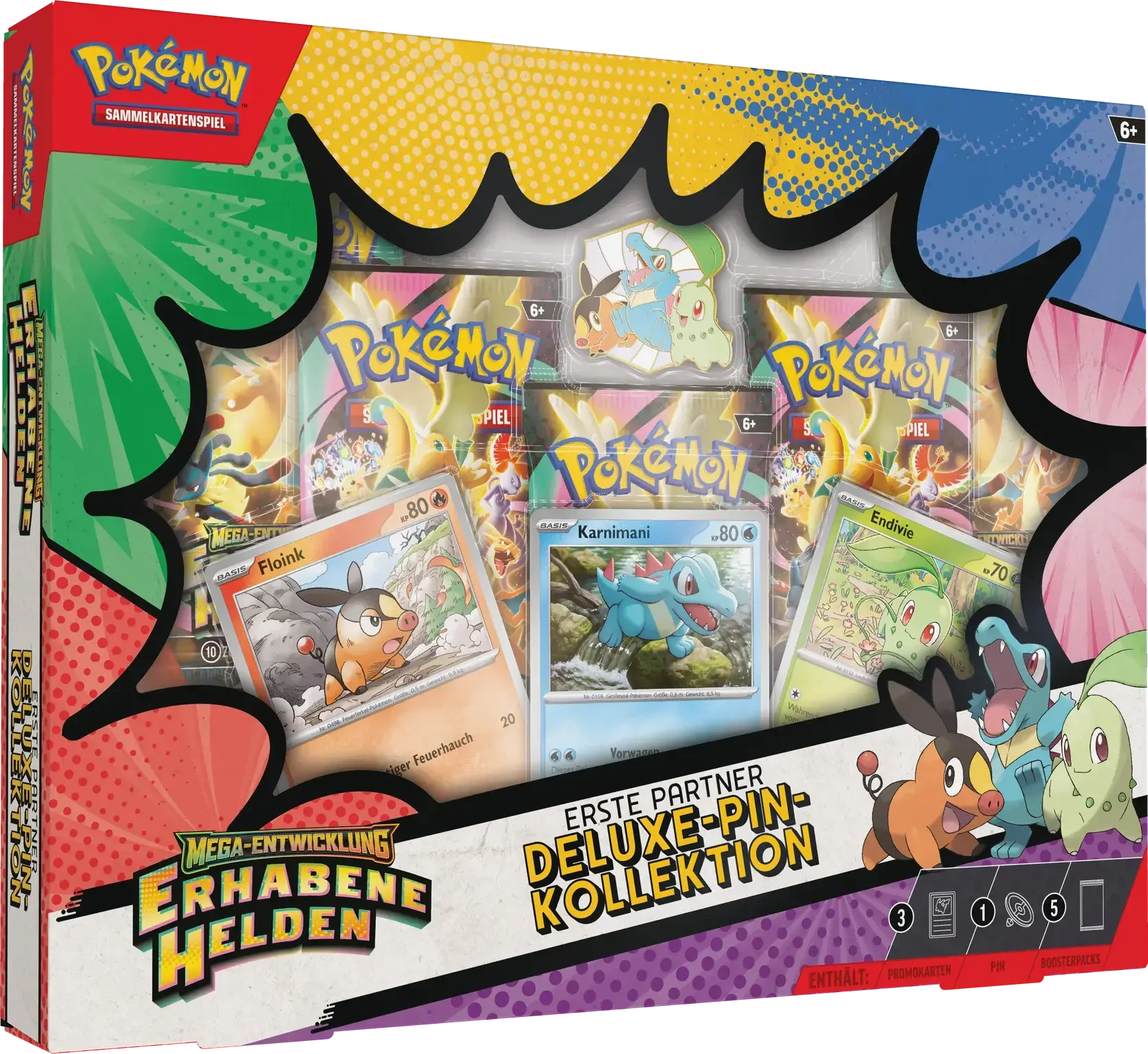 Pokémon TCG Deluxe-Pin-Kollektion Erste Partner mit Endivie, Floink, Karnimani und 5 Boosterpacks