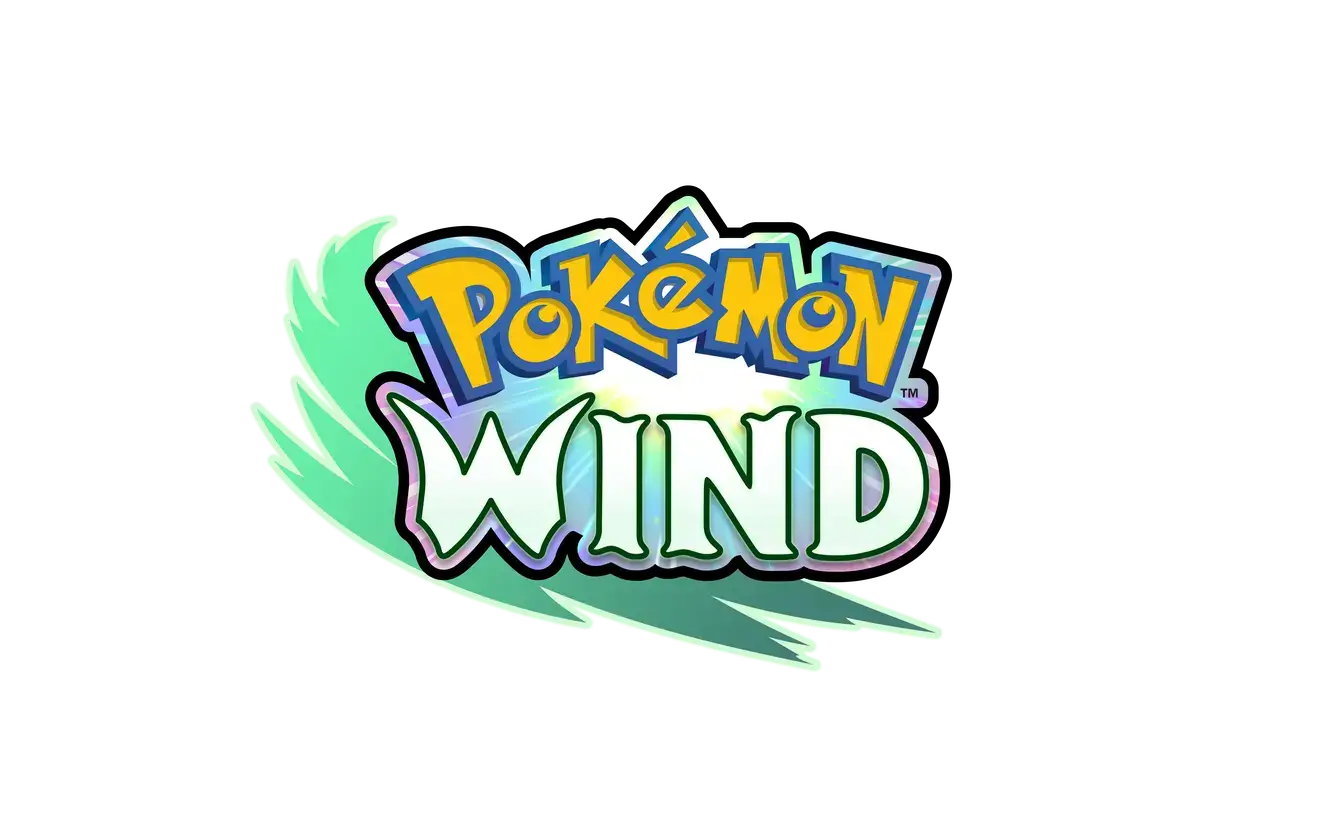 Pokémon Wind Logo in Grün-Weiß mit Windböen-Grafik-Elementen