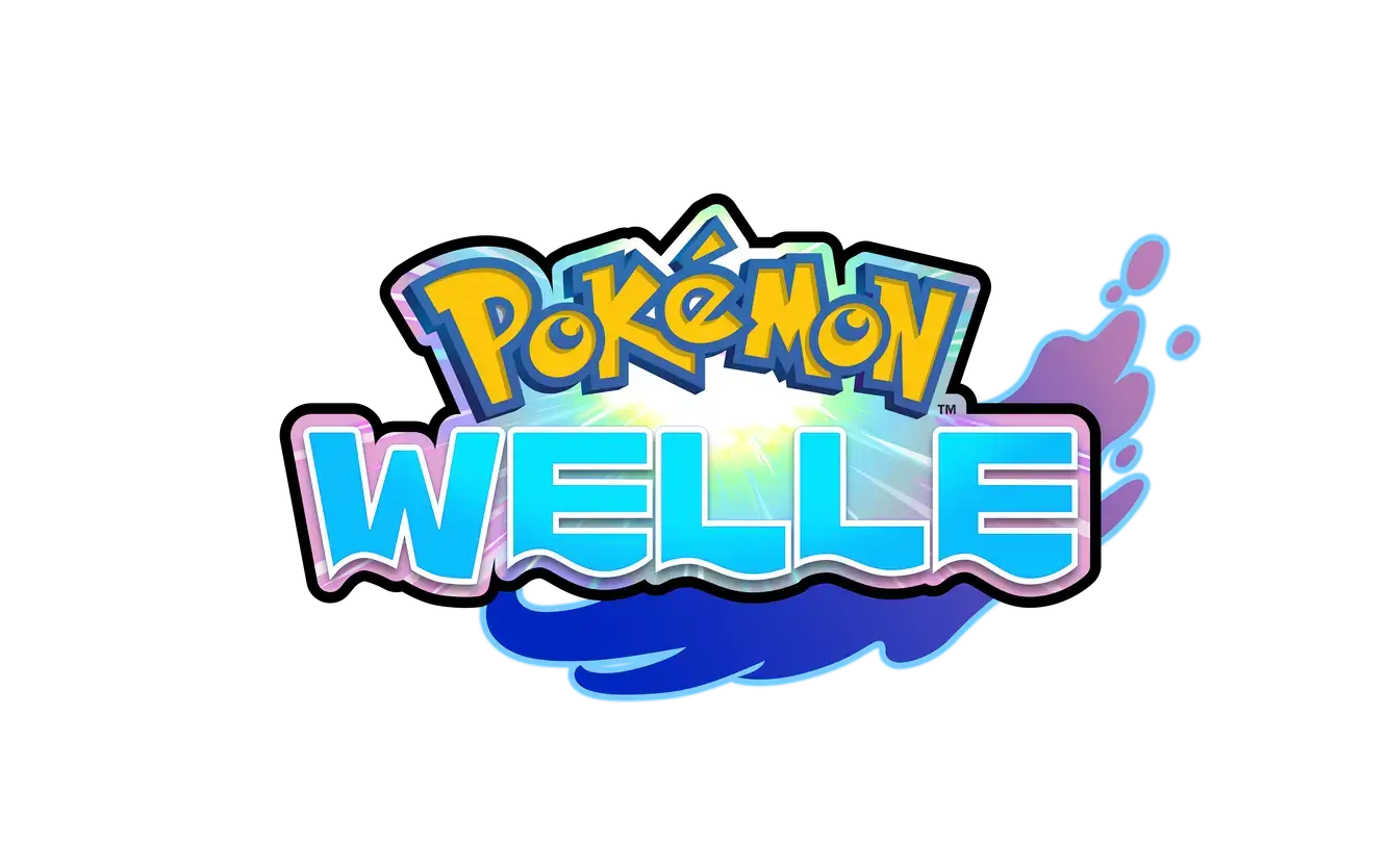 Pokémon Welle Logo in Türkis-Blau mit Wellen- und Wassertropfen-Motiven