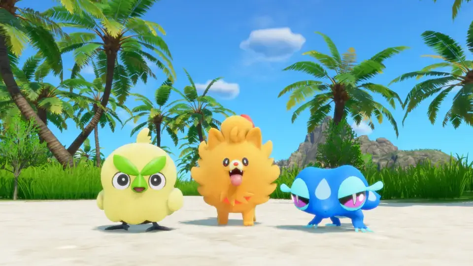 Drei neue Starter-Pokémon Braubel, Pomfifi und Gekkua am Palmenstrand vor blauem Himmel