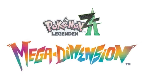Logo Pokémon-Legenden: Z-A Mega-Dimension in bunten Regenbogenfarben mit Blitz-Elementen