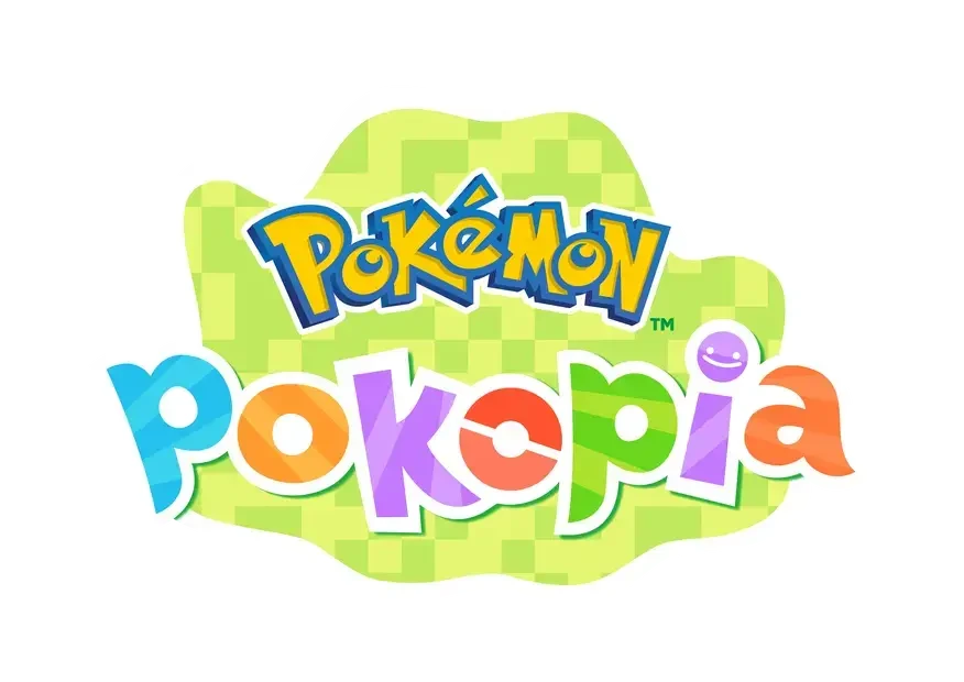 Pokémon Pokopia Logo in bunten Buchstaben vor grüner pixeliger Insel-Silhouette