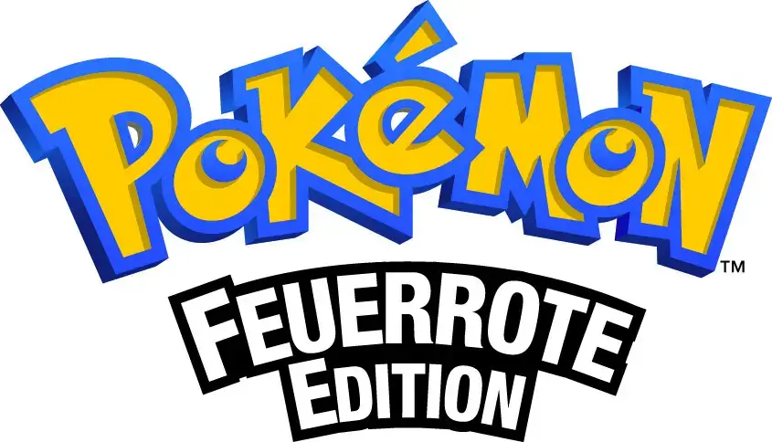 Offizielles Logo von Pokémon Feuerrote Edition mit gelbem Pokémon-Schriftzug und schwarzem Untertitel-Banner.