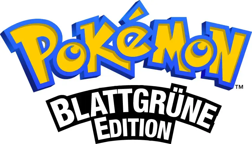 Offizielles Logo von Pokémon Blattgrüne Edition mit gelbem Pokémon-Schriftzug und schwarzem Untertitel-Banner.