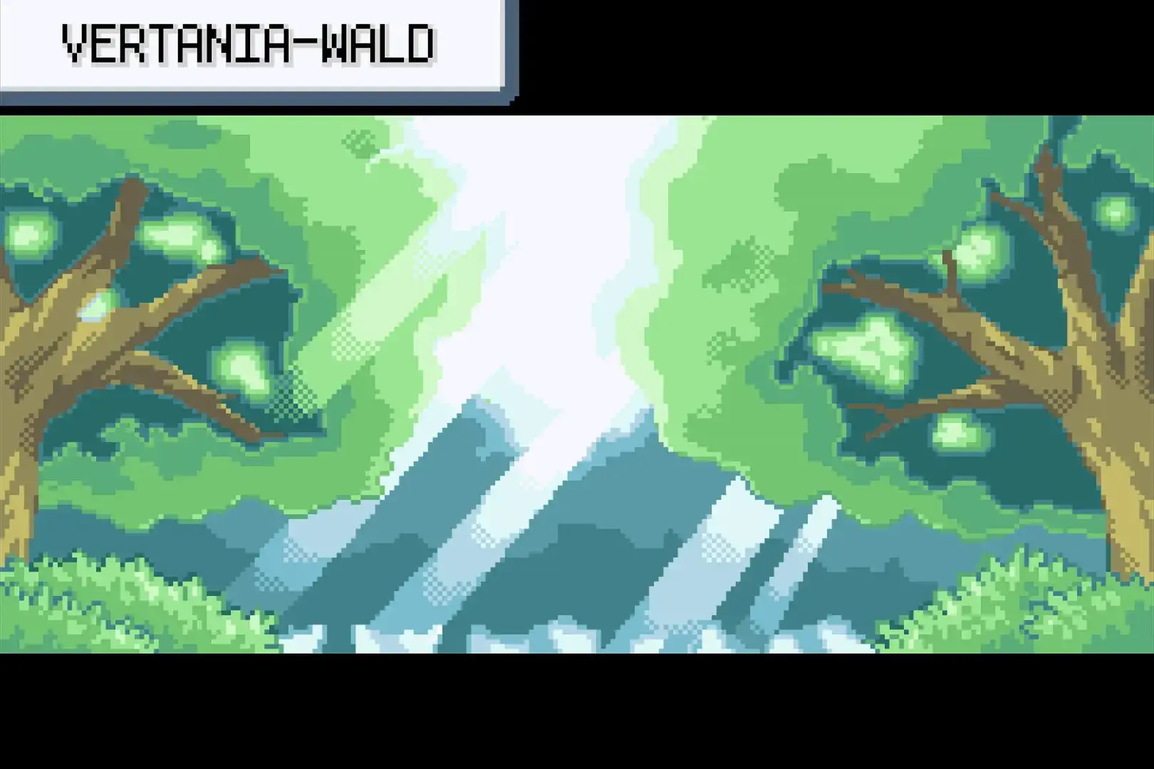 Pokémon Feuerrote Edition: Kampfhintergrund des Vertania-Walds mit mystischen Bäumen und leuchtendem Licht.