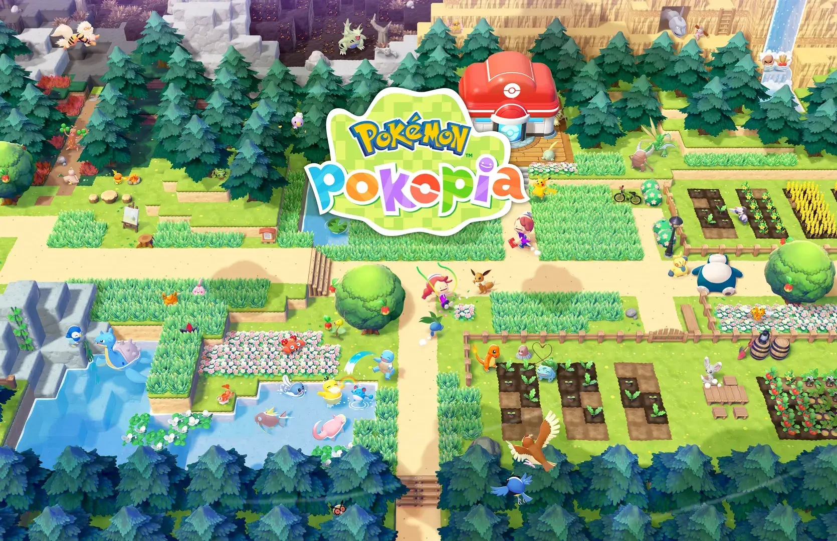 Pokémon Pokopia Key Visual: Vogelperspektive einer bunten Welt mit vielen Pokémon, Feldern, See und Pokémon-Center.