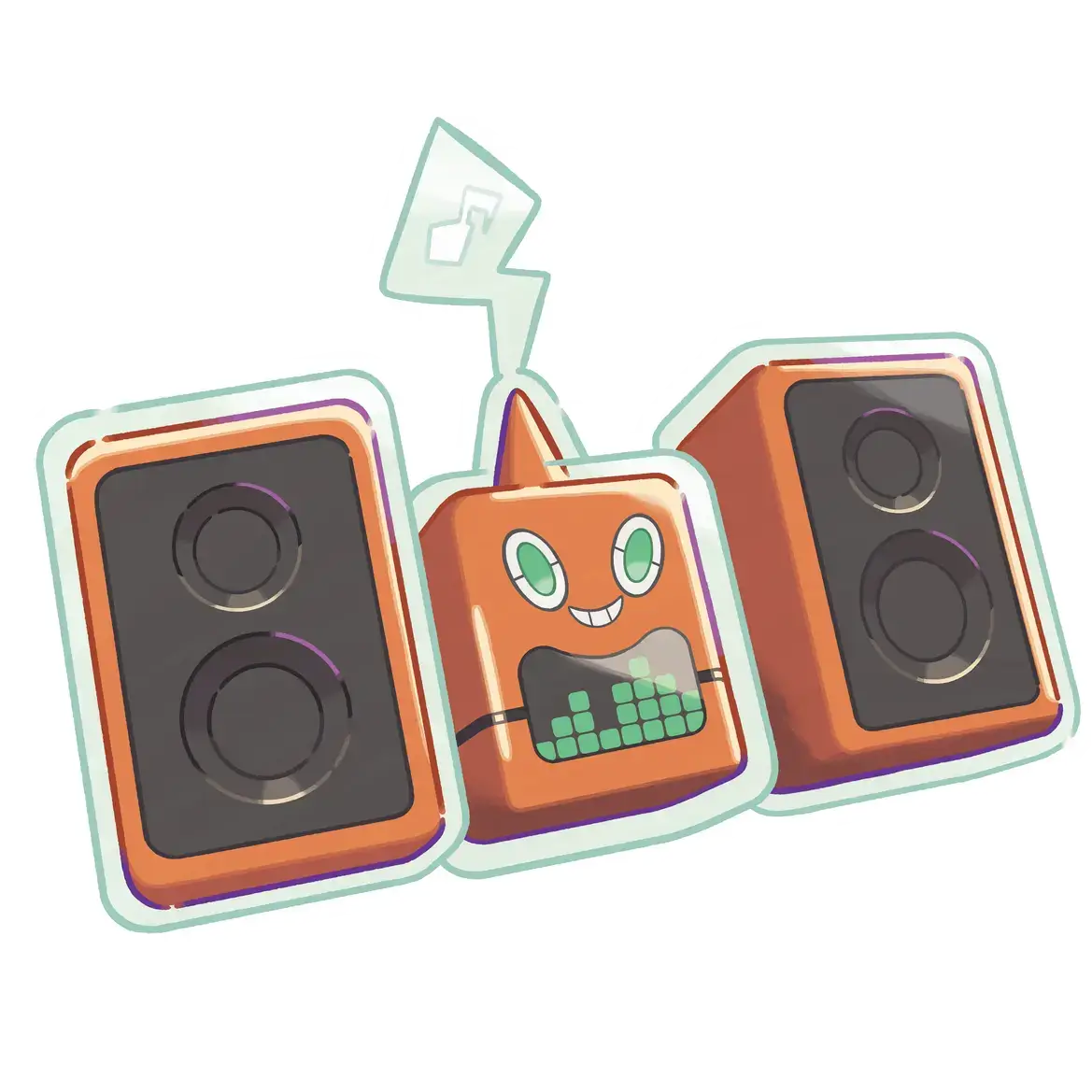 Pokémon Pokopia: DJ Rotom als Stereoanlage mit zwei Lautsprechern, grünen Augen und Equalizer-Display.