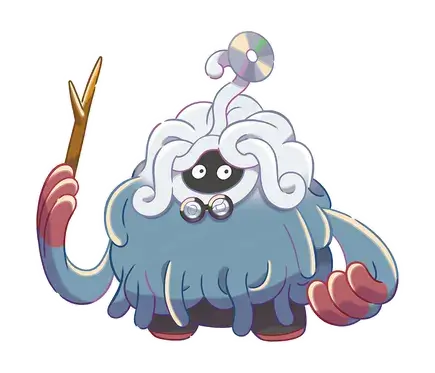 Pokémon Pokopia: Professor Tangoloss, ein großes blaues Pokémon mit weißen Locken, Brille, Zeigestock und CD auf dem Kopf.