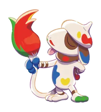 Pokémon Pokopia: Meister Farbeagle, ein weißes hundeartiges Pokémon mit Farbflecken, hält einen roten Blumenpinsel.