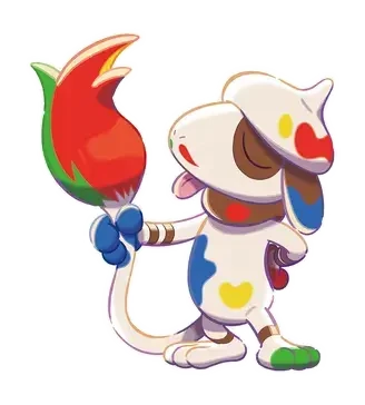 Pokémon Pokopia: Meister Farbeagle, ein weißes hundeartiges Pokémon mit Farbflecken, hält einen roten Blumenpinsel.