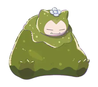 Pokémon Pokopia: Mooslaxo, eine mit grünem Moos bedeckte Relaxo-Variante, sitzt friedlich mit einer Blume auf dem Kopf.