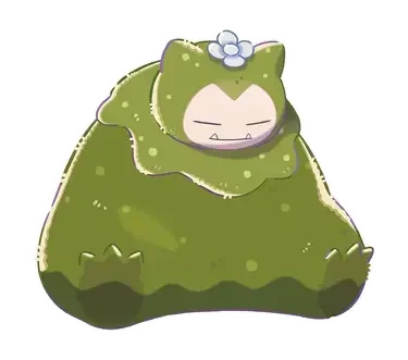 Pokémon Pokopia: Mooslaxo, eine mit grünem Moos bedeckte Relaxo-Variante, sitzt friedlich mit einer Blume auf dem Kopf.