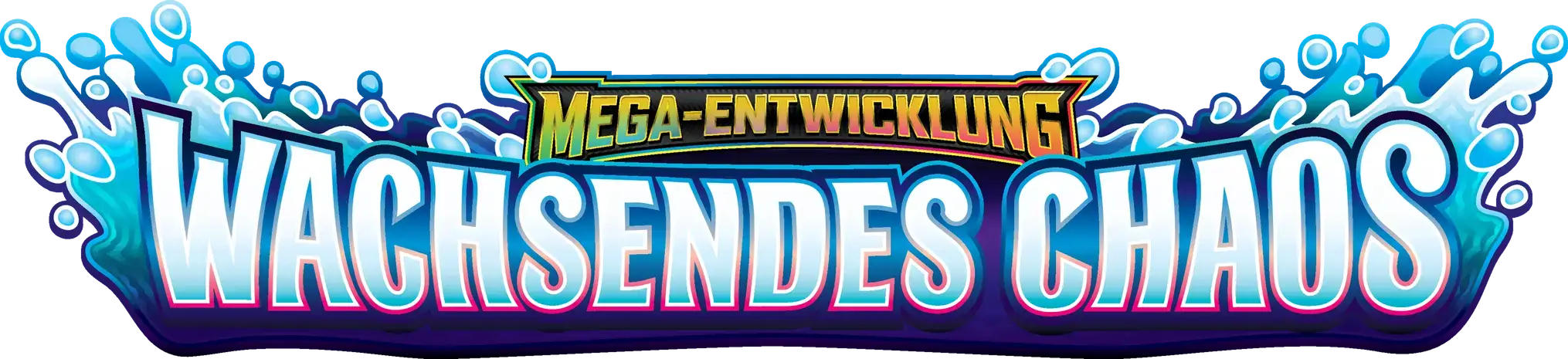 Offizielles Logo der Pokémon-Sammelkartenspiel-Erweiterung Mega-Entwicklung – Wachsendes Chaos mit Wasserspritzern.