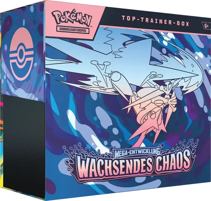 Pokémon TCG Top-Trainer-Box Mega-Entwicklung – Wachsendes Chaos mit Mega-Quajutsu-ex-Artwork in Blau und Pink.