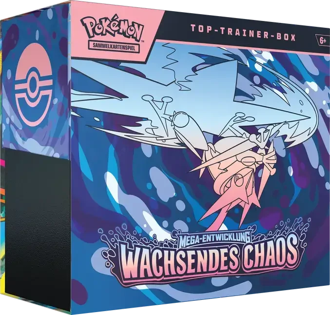 Pokémon TCG Top-Trainer-Box Mega-Entwicklung – Wachsendes Chaos mit Mega-Quajutsu-ex-Artwork in Blau und Pink.