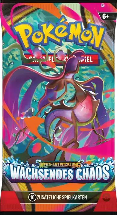 Pokémon TCG Boosterpack Mega-Entwicklung – Wachsendes Chaos mit Mega-Tandrak-ex, 10 Spielkarten, ab 6 Jahren.