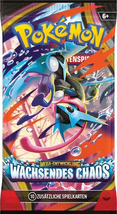 Pokémon TCG Boosterpack Mega-Entwicklung – Wachsendes Chaos mit Mega-Quajutsu-ex, 10 Spielkarten, ab 6 Jahren.