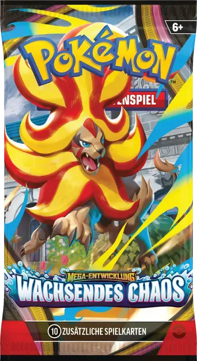 Pokémon TCG Boosterpack Mega-Entwicklung – Wachsendes Chaos mit Mega-Pyroleo-ex, 10 Spielkarten, ab 6 Jahren.
