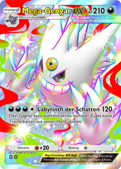 Pokémon TCG Pocket Karte: Schillerndes Mega-Gengar-ex, Phase 2, 210 KP, Attacke Labyrinth der Schatten 120.