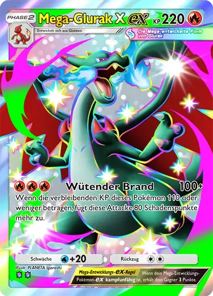 Pokémon TCG Pocket Karte: Schillerndes Mega-Glurak X-ex, Phase 2, 220 KP, Attacke Wütender Brand 100+.