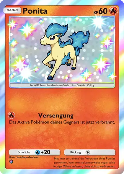 Pokémon TCG Pocket Karte: Schillerndes Ponita, Basis, 60 KP, Feuer-Typ, Attacke Versengung.