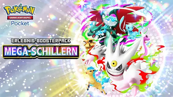 Pokémon Sammelkartenspiel Pocket: Erlebnis-Boosterpack Mega-Schillern mit Mega-Gengar und Mega-Glurak X.