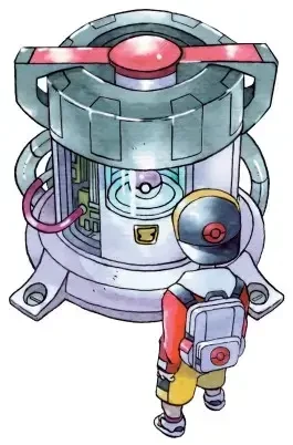 Offizielles Artwork aus Pokémon Gold und Silber: Trainer steht vor einer großen Maschine.