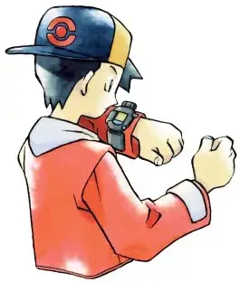 Offizielles Artwork aus Pokémon Gold und Silber: Trainer schaut auf sein Pokégear-Armband.