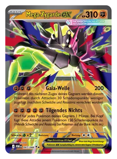 Pokémon TCG Karte: Mega-Zygarde-ex, Basis, 310 KP, Attacken Gaia-Welle 200 und Tilgendes Nichts.