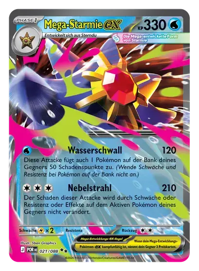 Pokémon TCG Karte: Mega-Starmie-ex, Phase 1, 330 KP, Attacken Wasserschwall 120 und Nebelstrahl 210.