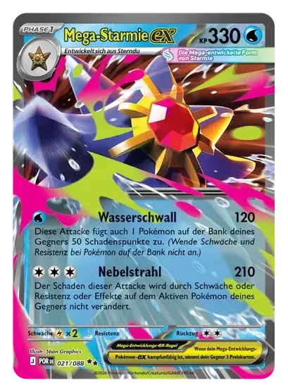 Pokémon TCG Karte: Mega-Starmie-ex, Phase 1, 330 KP, Attacken Wasserschwall 120 und Nebelstrahl 210.