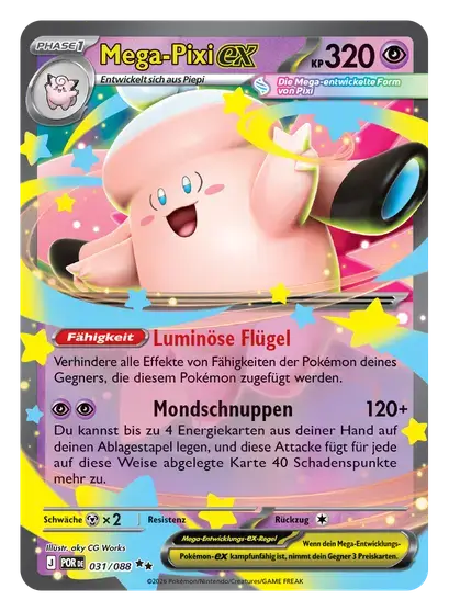Pokémon TCG Karte: Mega-Pixi-ex, Phase 1, 320 KP, Fähigkeit Luminöse Flügel, Attacke Mondschnuppen 120+.