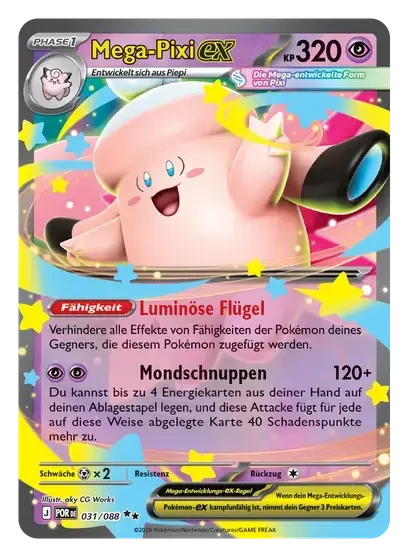 Pokémon TCG Karte: Mega-Pixi-ex, Phase 1, 320 KP, Fähigkeit Luminöse Flügel, Attacke Mondschnuppen 120+.
