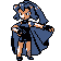 Pokémon Sprite: Arenaleiterin Sandra in blauem Cape und Kampfanzug.