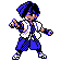 Pokémon Sprite: Arenaleiter Falk in blauem Outfit mit wehendem Umhang.