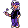 Pokémon Sprite: Arenaleiter Jens in lila Outfit mit ausgestrecktem Arm.