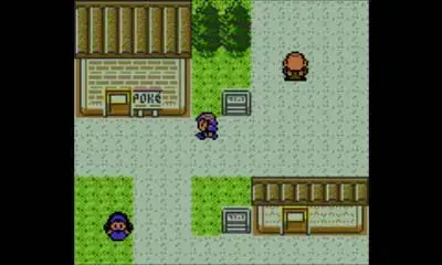 Pokémon Kristall: Vogelperspektive einer Stadt mit Pokémon-Center, NPCs und Gebäuden