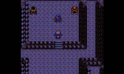 Pokémon Kristall: Spieler in einem Dungeon umgeben von wilden Pokémon-Sprites auf lila Boden