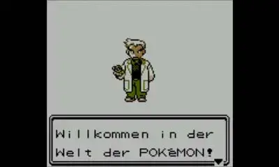 Professor Eich begrüßt den Spieler mit dem Text „Willkommen in der Welt der Pokémon!
